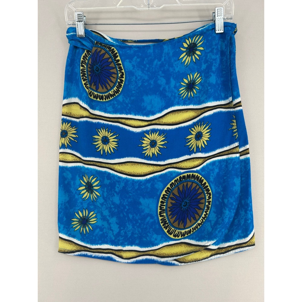 Vintage Blue Sun Floral Print Wrap Mini Skirt Yellow Gold Medallion Tie Waist